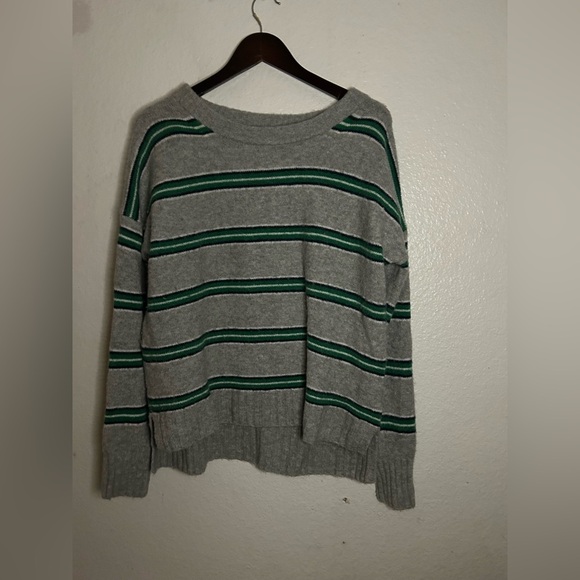 J.CREW Sweater Womens S Wool Alpaca Oversized Boxy Gray Green Striped Cabincore - Picture 2 of 14